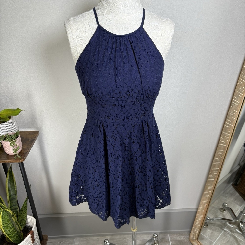 B Darlin Women 5/6 Navy Blue Lace Halter Dress Coquette Party Cotton Blend Lace
